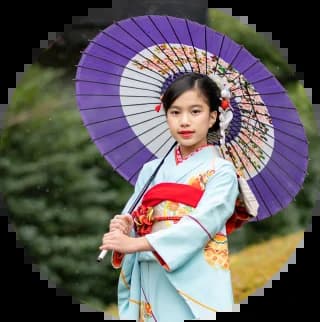 七五三の撮影で傘をもって微笑む少女